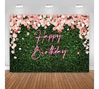 Hnmdmyi 1.5x1m Toile de Fond Joyeux Anniversaire Néon Fleur Mur Rose Floral Feuilles Vertes Plante Nature Photographie Fond Femmes Filles Décorations De Fête d'anniversaire Accessoires de Photomaton