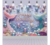 Hnmdmyi 1.5x1m Toile de Fond Joyeux Anniversaire sous La Mer Queue De Sirène Perle Coquillage Photographie Fond Thème Océan Princesse Fille Décorations De Fête d'anniversaire Bannière