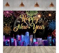 Hnmdmyi 1.8x1.2m Toile de Fond Bonne Année Multicolore Feux d'artifice Paysage Urbain Photographie Fond Nouvel an Décorations De Fête Bannière Accessoires de Photomaton