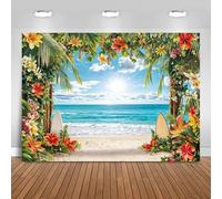Hnmdmyi 1.8x1.2m Toile de Fond Plage Été Hawaïen Fleur Tropicale Feuilles De Palmier Planche De Surf Ciel Bleu Océan Photographie Fond Mariage Baby Shower Anniversaire Aloha Luau Décorations de Fête