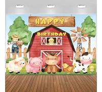 Hnmdmyi 2.1x1.5m Toile de Fond Ferme Grange Rouge Dessin animé Animaux de la Ferme Mouton Cochon Vache Joyeux Anniversaire Photographie Fond Thème Enfants Anniversaire Décorations de fête
