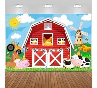 Hnmdmyi 2.1x1.5m Toile de Fond Ferme Rouge Grange Porte Dessin Animé Animaux De La Ferme Tracteur Moulin À Vent Photographie Fond Ferme Thème Enfants Garçons Filles Anniversaire Fête Décorations