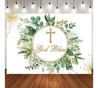 Hnmdmyi 2.1x1.5m Toile de fond Mi Bautizo dieu bénit feuilles vertes première communion photographie fond garçons filles baptême nouveau-né baby shower fête décorations bannière photomaton accessoires