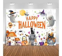 Hnmdmyi 2.4x1.8m Toile de Fond Halloween Dessin animé Fantôme Chauve-Souris Araignée Toile Noir Chat Bonbons Photographie Fond Halloween Thème Douche Bébé Enfants Anniversaire Fête Décorations