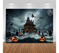 Hnmdmyi 2.4x1.8m Toile de Fond Halloween Effrayant Nuit Cimetière Pleine Lune Effrayant Sorcière Chauves-Souris Château Photographie Fond Enfants Adulte Famille Halloween Décorations de fête Bannière