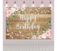 Hnmdmyi 2.4x1.8m Toile de Fond Joyeux Anniversaire Plancher en Bois Aquarelle Rose Floral Papillon Fond Photographique Nouveau-né Shower Filles Femmes décorations fête d'anniversaire