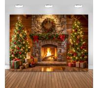 Hnmdmyi 2.4x1.8m Toile de Fond Noël Cheminée Rustique Arbre De Noël Coffrets Cadeaux Arrière-Plan de Photographie Famille Enfants Vacances d'hiver Décorations de Fête du Nouvel an Bannière