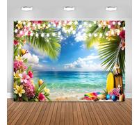 Hnmdmyi 2.4x1.8m Toile de Fond Plage Été Ciel Hawaïen Océan Fleur Tropicale Feuilles de Palmier Planche de Surf Photographie Fond Mariage Baby Shower Anniversaire Aloha Luau Décorations de Fête