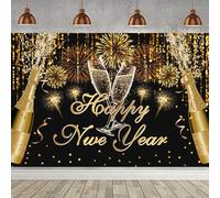 Hnmdmyi 2.7x1.8m Toile de Fond Bonne année Noir Or Champagne Feux d’Artifice Photographie Fond Nouvel an Réveillon Vacances Fête Décorations Bannière Photo Booth Accessoires