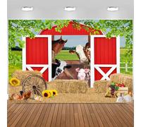 Hnmdmyi 2.7x1.8m Toile de Fond Ferme Rouge Grange Cour Animaux de la Ferme Vert Herbe Meule de Foin Photographie Fond Enfants Garçons Filles Pays Ferme Anniversaire Fête Décorations Photo Booth Props