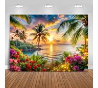 Hnmdmyi 2.7x1.8m Toile de Fond Plage Été Bord de Mer Fleur Tropicale Palmier Photographie Fond Mariage Baby Shower Anniversaire Hawaïen Aloha Luau Décorations de Fête Accessoires de Photomaton