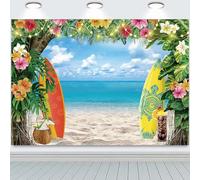 Hnmdmyi 2.7x1.8m Toile de Fond Plage été hawaïen Tropical Feuilles de Palmier Fleurs Planche de Surf Ciel Bleu Fond de Photographie Mariage Baby Shower Anniversaire Aloha Luau fête décoration
