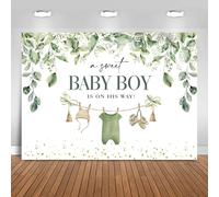 Hnmdmyi 3.6x3m Toile de Fond Baby Shower Un Doux bébé garçon est sur Son Chemin Feuilles Vertes Photographie Fond Nouveau-né Baby Shower décorations de fête bannière Photo Booth Accessoires