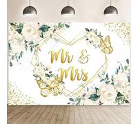 Hnmdmyi 3.6x3m Toile de Fond Mr & Mrs Blanc Floral cœurs géométrique Or Papillon Points Photographie Fond Douche Nuptiale Future mariée fiançailles Mariage décorations fête photomaton Accessoires
