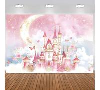 Hnmdmyi 3x2.4m Toile de Fond Château Aquarelle Rose Nuageux château Princesse Papillon Paillettes d'or Lune étoiles Fond Photographique Sweet Girls Princess Birthday Party Decorations