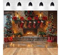 Hnmdmyi 3x2.4m Toile de Fond Noël Rustique Brique Mur Cheminée Noël Arbre Couronne Bas Photographie Fond Famille Enfants Vacances d'hiver Nouvel an Décorations de fête Bannière Photo Booth Props