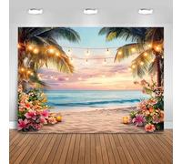 Hnmdmyi 3x2.4m Toile de Fond Plage Été Océan Hawaïen Coucher de Soleil Bord de Mer Fleur Tropicale Palmier Photographie Fond Mariage Baby Shower Anniversaire Aloha Luau Décorations de Fête
