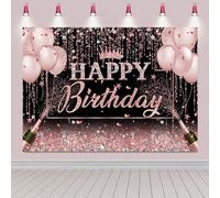 Hnmdmyi 3x2m Toile de Fond Joyeux Anniversaire Noir Argent Rose Or Paillettes Ballon Fond Photographique Fille Princesse Femme Décorations Anniversaire Bannière Photo Booth Props