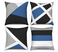 Hnmdmyi Housse de Coussin Bleu 45x45 Set de 4, Gris et Noir Moderne Abstrait Rayures Simple Géométrique Décoratif en Lin pour Canapé Lit Jardin Extérieur Home Decor