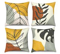 Hnmdmyi Housse de Coussin Boho 40x40 Set de 4, Feuilles abstraites Nature Plantes Décoratives Taie d'oreiller Mid Century Moderne Minimaliste Art Esthétique Housse de Coussin en Lin pour Home Decor