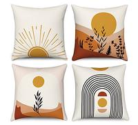 Hnmdmyi Housse de Coussin Boho 40x40 Set de 4, Mid Century Soleil Abstrait Montagne Feuille Arc-en-Ciel décoratif taies d'oreiller Nature Paysage Moderne Lin Housse d'oreiller pour canapé Home Decor