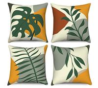 Hnmdmyi Housse de Coussin Boho 45x45 Set de 4, Feuilles abstraites Nature Plantes Décoratives Taie d'oreiller Mid Century Moderne Minimaliste Art Esthétique Housse de Coussin en Lin pour Home Decor