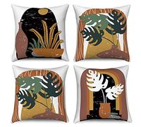 Hnmdmyi Housse de Coussin Boho 45x45 Set de 4, Mid Century Abstraite Feuille Tropicale Terre Cuite Décorative Taie d'oreiller Moderne Art Esthétique Housse de Coussin en Lin pour canapé Home Decor