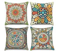 Hnmdmyi Housse de Coussin Boho 45x45 Set de 4, rétro Mandala coloré Floral bohème décoratif Housses de Coussin Hippie Art esthétique Housse de Coussin en Lin pour canapé lit extérieur Home Decor