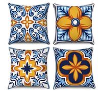 Hnmdmyi Housse de Coussin Boho 50x50 Set de 4, Bleu et Orange géométrique Mandala Floral Ferme décorative taies d'oreiller en Lin Housse de Coussin pour canapé lit Jardin extérieur Home Decor
