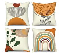 Hnmdmyi Housse de Coussin Boho 50x50 Set de 4, Feuille Abstraite Arc-en-Ciel Soleil Lune Housses de Coussin décoratives Paysage Nature Art Moderne Minimaliste Housse de Coussin en Lin esthétique