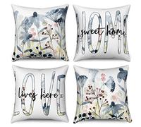 Hnmdmyi Housse de Coussin Fleurs 45x45 Set de 4, Aquarelle Vintage Bleu Plante Home Sweet Home, Art Esthétique en Lin pour Canapé Lit, Décor Intérieur