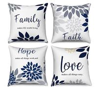 Hnmdmyi Housse de Coussin Fleurs 45x45 Set de 4, Bleu Marine Gris Dahlia Fleur Famille Foi Espoir Amour Mots décoratifs taies d'oreiller Lin Housse de Coussin pour canapé Jardin extérieur Home Decor