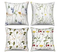 Hnmdmyi Housse de Coussin Fleurs 50x50 Set de 4, Fleur Sauvage colorée Feuille Verte Plante botanique décorative Housses de Coussin en Lin carré Housse de Coussin pour canapé lit extérieur Home Decor