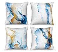 Hnmdmyi Housse de Coussin Marbre 40x40 Set de 4, Bleu Abstrait Marbre Texture Encre Décorative Taie d'oreiller Aquarelle Art Moderne Housse de Coussin en Lin pour canapé lit Extérieur Home Decor