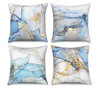 Hnmdmyi Housse de Coussin Marbre 40x40 Set de 4, Bleu Golden Gradient Abstrait Marbre Texture Encre Décorative Taie d'oreiller Aquarelle Art Moderne Housse de Coussin en Lin pour canapé Home Decor