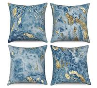 Hnmdmyi Housse de Coussin Marbre 40x40 Set de 4, Bleu Or Abstrait Marbre Texture Encre Décorative Taie d'oreiller Moderne Luxe Art Lin Housse de Coussin pour Canapé Lit Jardin Extérieur Home Decor