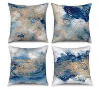 Hnmdmyi Housse de Coussin Marbre 45x45 Set de 4, Bleu Marine Dégradé d'or Abstrait Marbre Texture Encre Housses de Coussin décoratives Aquarelle Art Moderne Housse de Coussin en Lin pour Home Decor