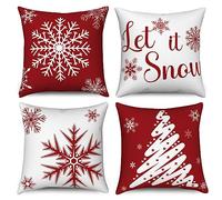 Hnmdmyi Housse de Coussin Noël 40x40 Set de 4, Flocon de Neige Rouge Let It Snow Arbre de Noël Vacances d'hiver Housse de Coussin décoratif en Lin Housse de Coussin pour canapé extérieur Home Decor