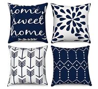 Hnmdmyi Housses de Coussin Bleu Marine et Blanc 40x40 Set de 4, Boho Housses de Coussin Home Sweet Home Modernes Motifs Géométriques Neutres Housse de Coussin en Lin décoratif pour canapé Home Decor