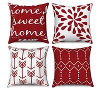 Hnmdmyi Housses de Coussin Rouge et Blanc 40x40 Set de 4, Boho Housses de Coussin Home Sweet Home Modernes Motifs Géométriques Neutres Housse de Coussin en Lin décoratif pour canapé lit Home Decor