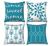 Hnmdmyi Housses de Coussin Turquoise et Blanc 40x40 Set de 4, Boho Modernes Motifs Géométriques Neutres en Lin Décoratif pour Canapé Lit, Home Sweet Home Decor