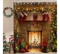 Hnmdmyi Rideau de douche 180 x 200 cm, ferme Noël, cheminée, chaussette rouge, sapin de Noël, boîtes cadeaux, baignoire, rideau de bain, joyeux Noël, hiver, vacances, imperméable, tissu polyester