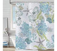 Hnmdmyi Rideau de douche 180 x 200 cm sur le thème de la plage, étoiles de mer, coquillages, corail, vie marine, rideaux de salle de bain avec crochets en tissu polyester imperméable et lavable