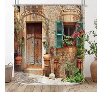 Hnmdmyi Rideau de Douche 3D 90x180, Jardin Fleurs Paysage Rue Avenue Look Vintage Mur de Pierre avec Porte Rideau de Baignoire imperméable Tissu Polyester Lavable Rideau de Bain pour Salle de Bain