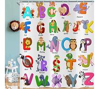 Hnmdmyi Rideau de Douche Alphabet 90x180, Enfants Pédagogiques Mignon Cartoon ABC Outil d'apprentissage Rideaux de Douche Animaux drôles Enseignement Mots Coloré Tissu Imperméable Rideau de Baignoire