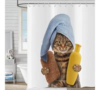 Hnmdmyi Rideau de douche amusant chat 180 x 180 cm, chaton marron mignon avec éponge de bain shampooing et serviette bleue, rideau de baignoire pour enfants, dessin animé, tissu polyester, imperméable