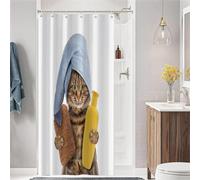 Hnmdmyi Rideau de douche amusant chat 90 x 180 cm, chaton marron mignon avec éponge de bain shampooing et serviette bleue, rideau de baignoire pour enfants, dessin animé, tissu polyester, imperméable