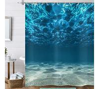 Hnmdmyi Rideau de Douche Bleu Océan 180x200, Mer Profonde sous-Marine Vagues Lumineux Soleil Tropical Scène Naturelle Baignoire Rideau Etanche Tissu Polyester Lavable Rideau de Bain avec Crochets
