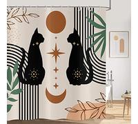 Hnmdmyi Rideau de Douche Boho 120x180 - Mid Century Abstrait Noir Chat Feuille Lune Étoile Beige - Moderne Terracotta Art Esthétique Imperméable Tissu Polyester Lavable pour Baignoire