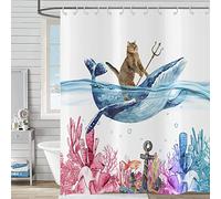 Hnmdmyi Rideau de Douche Chat drôle 90x180, Mignon Chaton chevauchant Une Baleine Rideau de Bain Océan Corail Algues Poissons tropicaux Enfants Imperméable Polyester Tissu Lavable Rideau de Bain